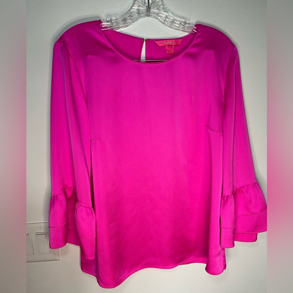 Lilly Pulitzer Hot Pink Ruffled Bell 3/4 Sleeve Silky Christie Blouse Size M